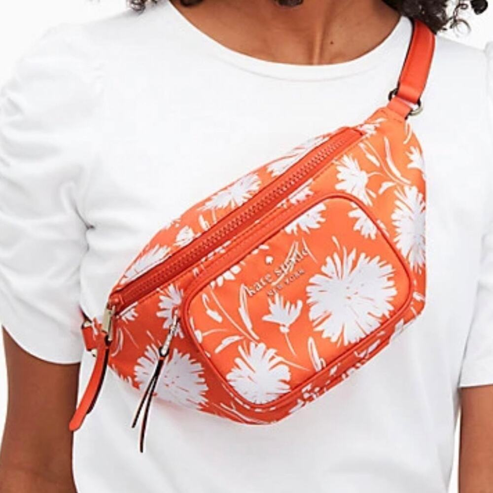 KATE SPADE WAIST BAG MESSENGER NYLON ORANGE/WHITE LEATHER STRAP VERSATILE